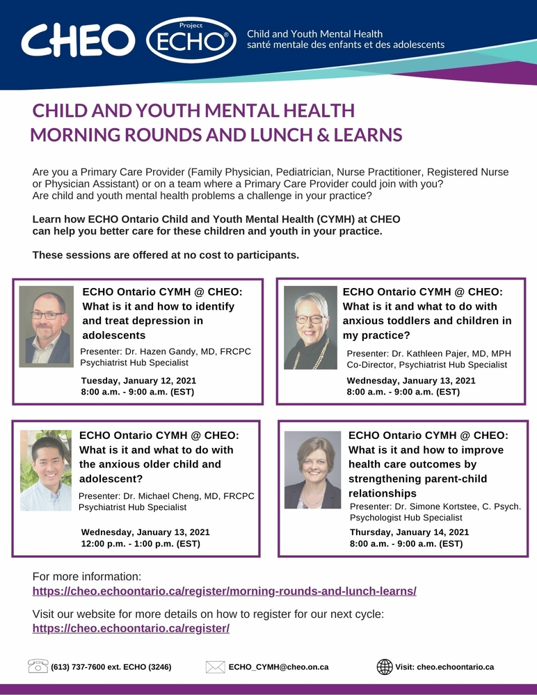ECHO Ontario Child and Youth Mental Health Morning Rounds and Lunch &amp; Learns (How to Identify and Treat Depression in Adolescents in My Practice)