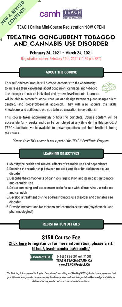 Register for TEACH Mini Course – Treating Concurrent Tobacco And Cannabis Use Disorder