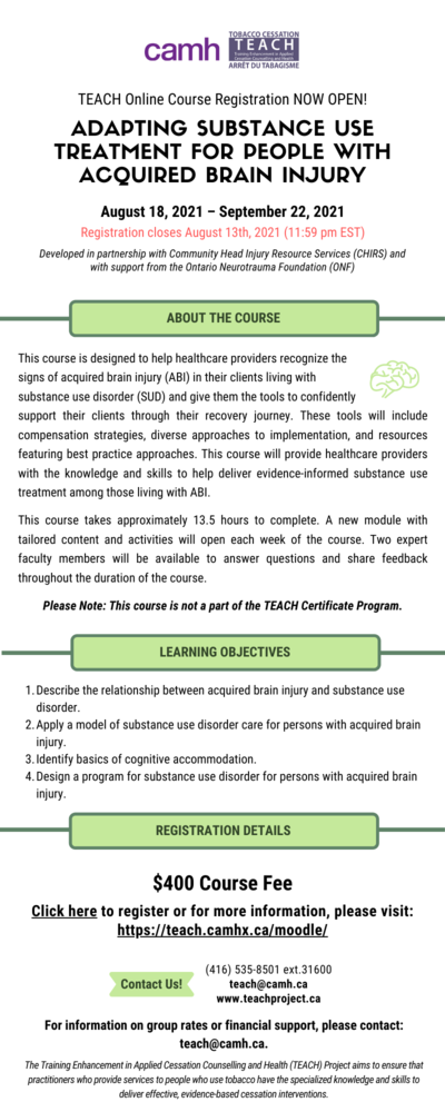 Register for TEACH Mini Course – Adapting Substance Use Treatment for People with Acquired Brain Injury