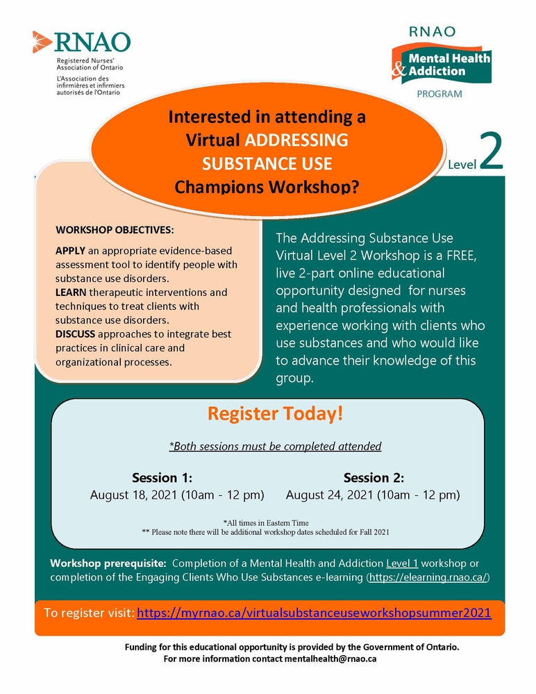 RNAO VIRTUAL Addressing Substance Use Champions LEVEL 2 Workshops – AUGUST 2021
