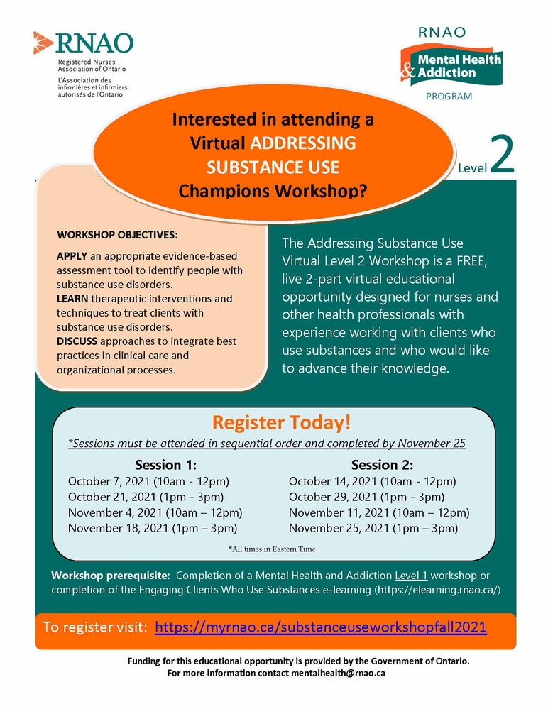 Addressing Substance Use Level 2 Champions Virtual Workshop - Fall 2021