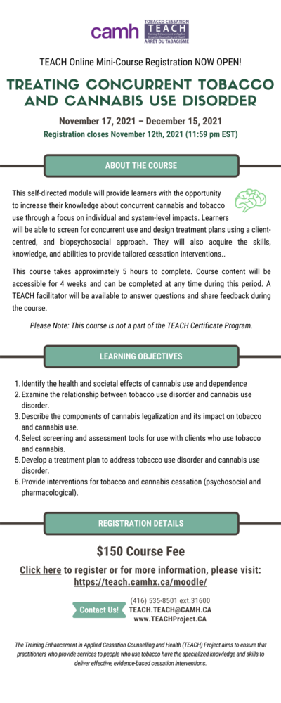 Register Now for TEACH Mini-Course: Treating Concurrent Tobacco and Cannabis Use Disorder