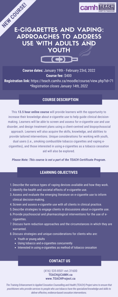 Register for New TEACH Course - E-Cigarettes and Vaping: Approaches to Address Use with Adults and Youth