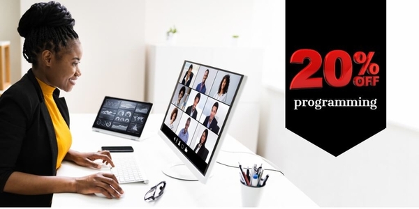 20 percent off programming sign with person on webinar