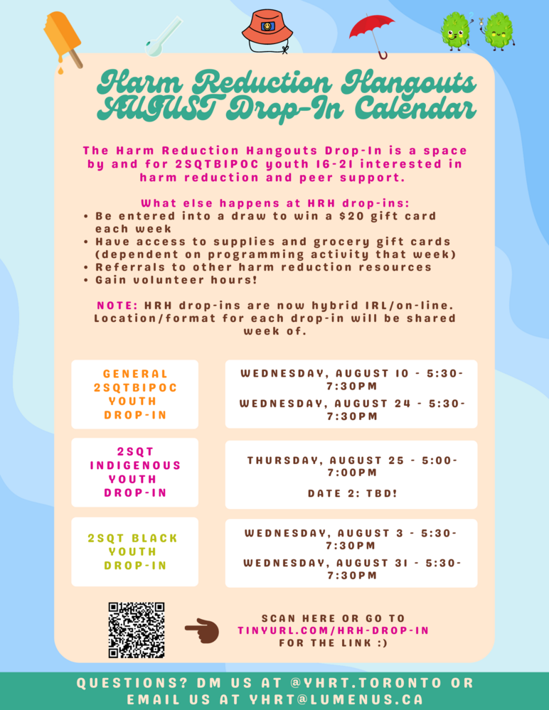 Harm Reduction Hangouts AUGUST Calendar: Peer Drop-In Programming for 2SQTBIPOC Youth