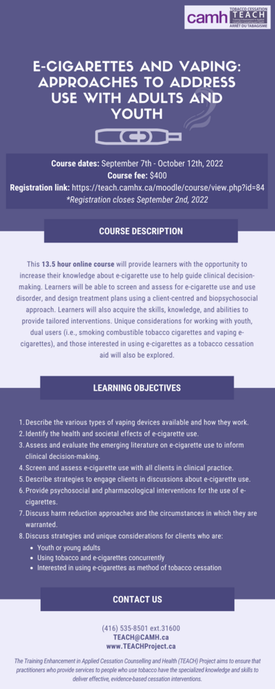 Register Now for TEACH Specialty Course - E-Cigarettes and Vaping: Approaches to Address Use with Adults and Youth