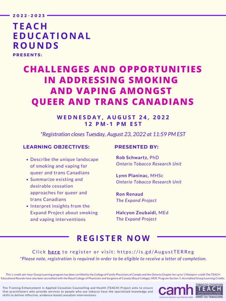 Register Now for TEACH Educational Rounds: Challenges and Opportunities in Addressing Smoking and Vaping Amongst Queer and Trans Canadians