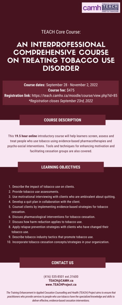Register for TEACH Core Course - An Interprofessional Comprehensive Course on Treating Tobacco Use Disorder