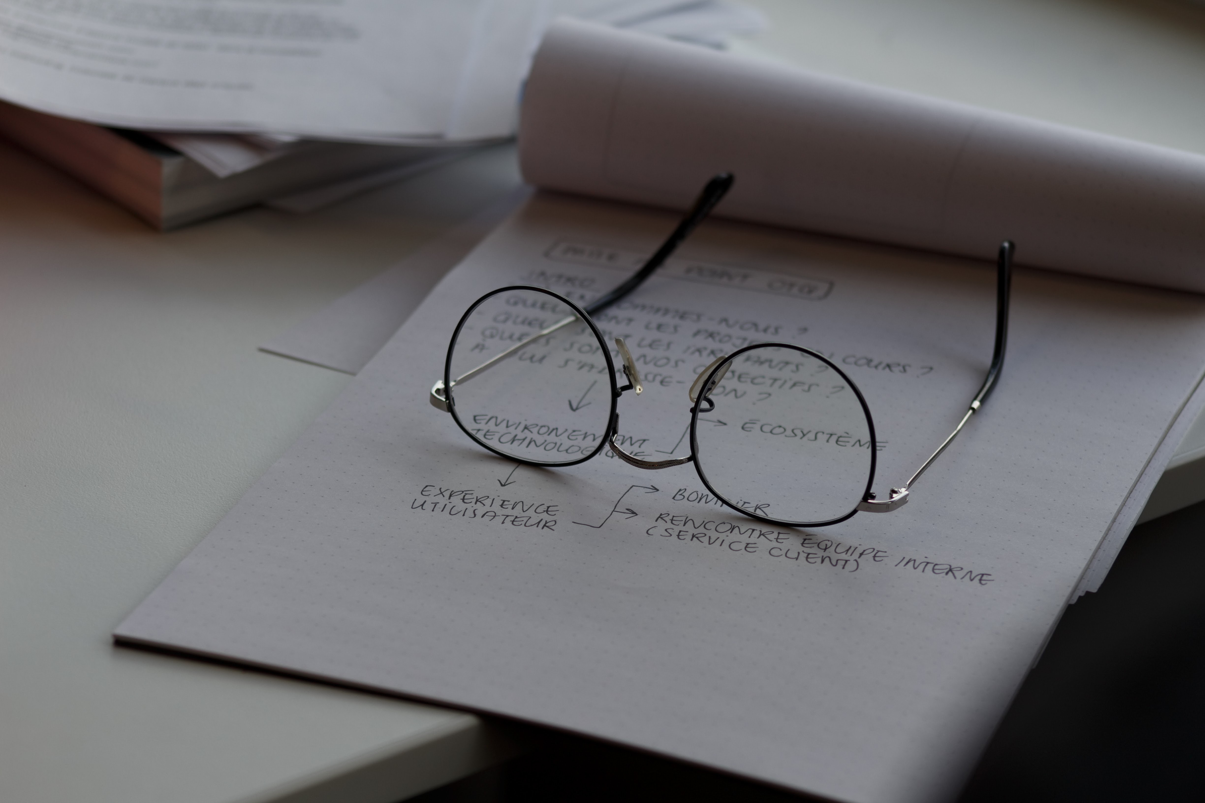 note pad with a person's eye classes sitting on top