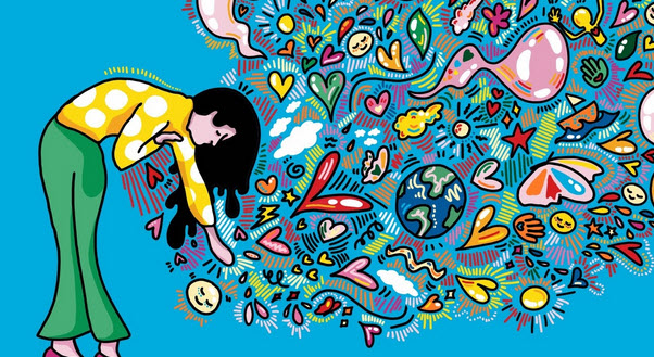 drawing of women bending down with outstreached hand. Hearts and happy faces radiating from her palm