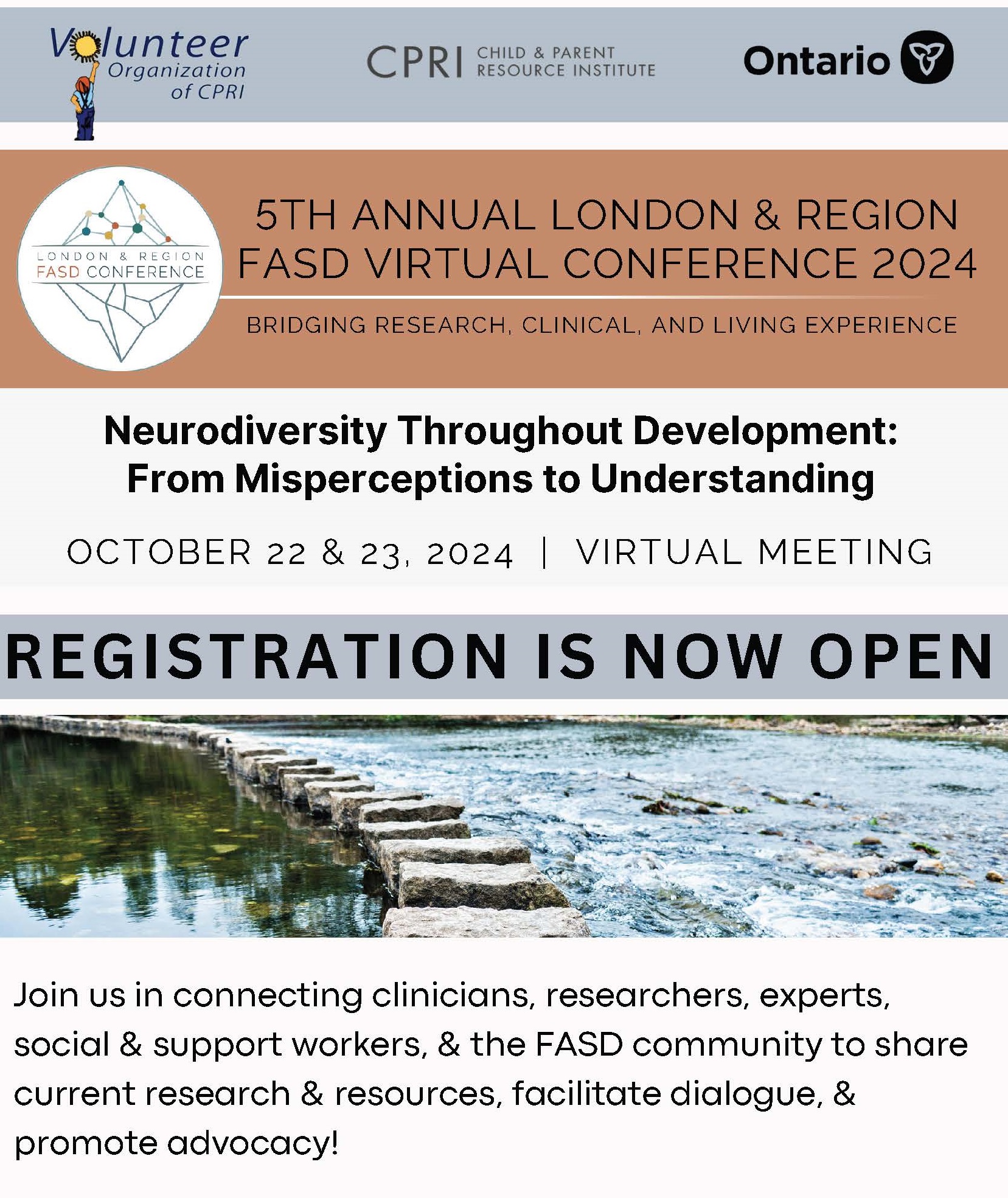 Picture of water flowing over rocks, text of registration now open.