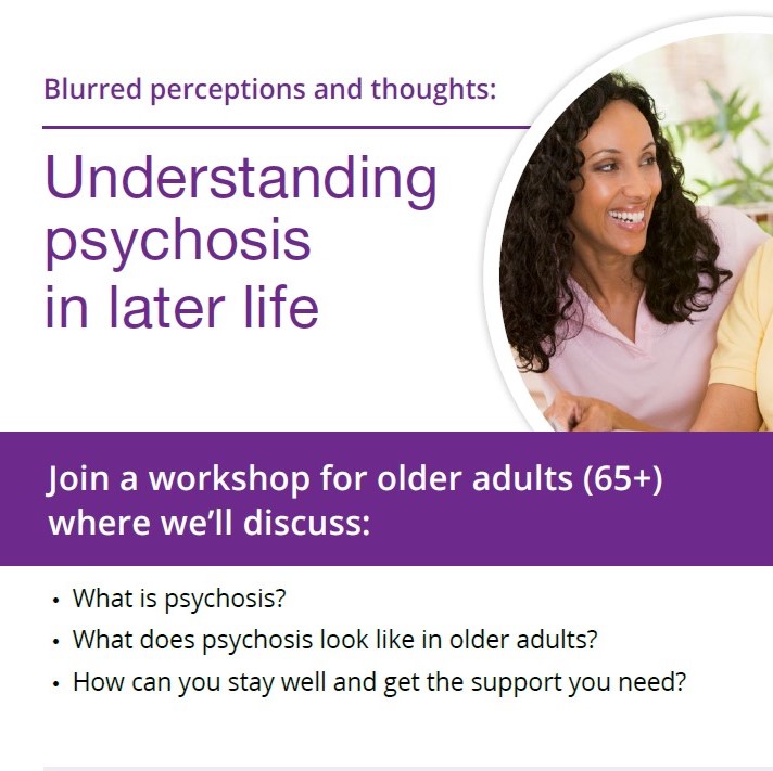 Please join us on Thursday, July 28th 2024 from 1pm - 2pm ET for the Understanding Psychosis in Later Life Workshop. This workshop is for older adults 65 years and older, and their caregivers, where we’ll discuss: - What is psychosis? - What does psychosis look like in older adults? - How can you stay well and get the support you need? Please register at: https://hopeandme.as.me/psychosis