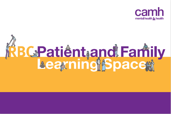 The RBC Patient and Family Learning Space postcard displays our logo with illustrations of different community members sitting or standing around the text 