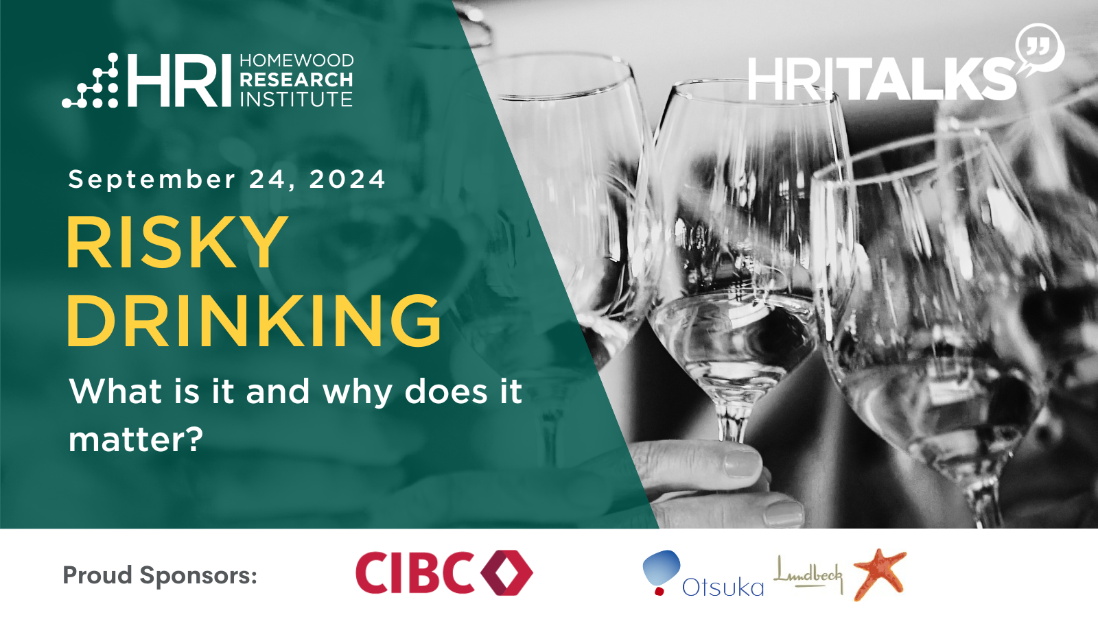 Black and white photo of wine glasses with the HRI and HRI Talks logos displayed in the top corners.