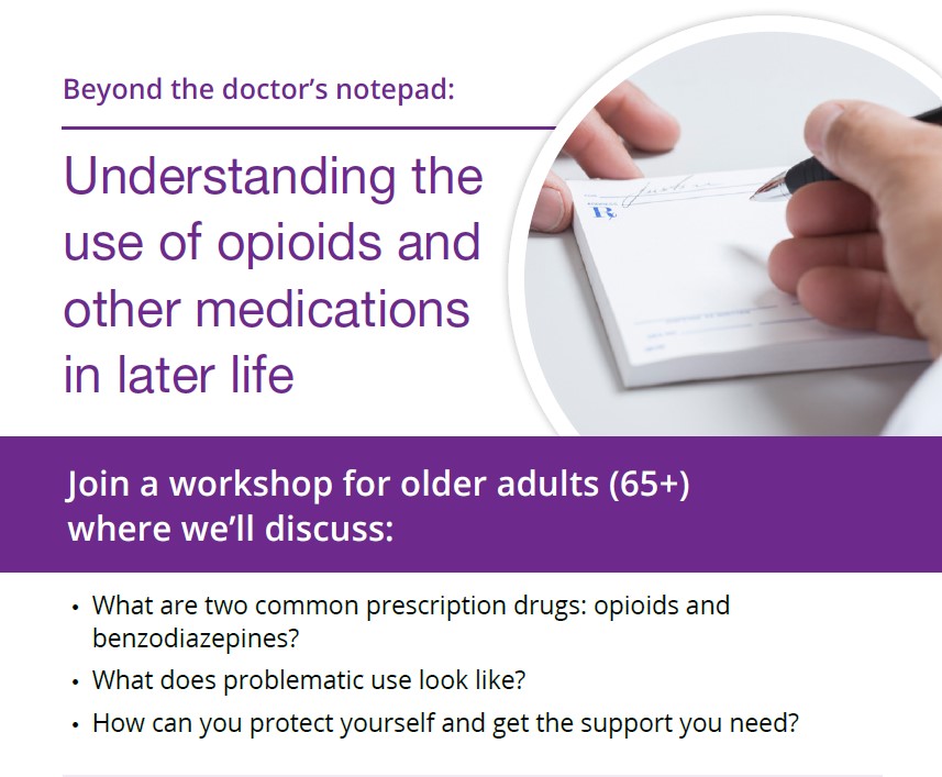 Please join us on Thursday, October 24, 2024 from 1pm–2pm ET for the Understanding Opioids in Later Life Workshop. This free workshop is for older adults (65+) and their caregivers, where we will discuss: What are two common prescription drugs: opioids and benzodiazepines? What does problematic use look like? How can you protect yourself and get the support you need? After the meeting, you will receive a summary of the presentation in multiple languages, including community-based resources.