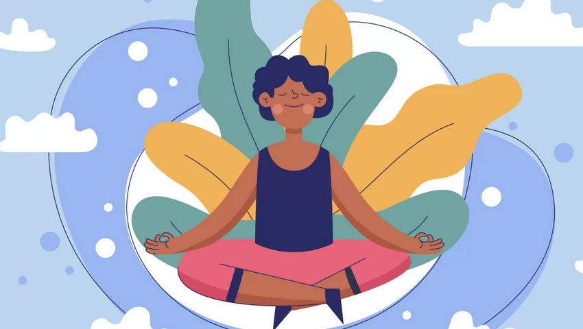 cartoon person sitting crosslegged floating in a blue sky, white clouds. with green and yellow leaves behind them