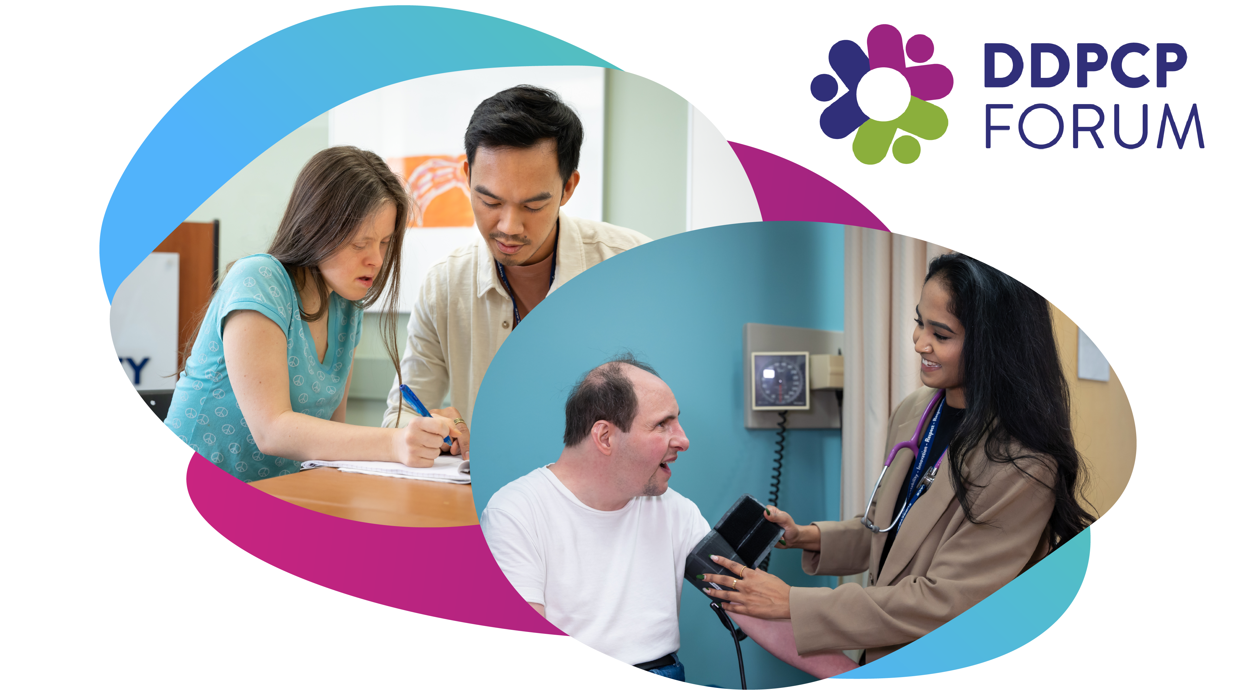 A nurse taking blood pressure with a man with disability. DDPCP Forum logo.