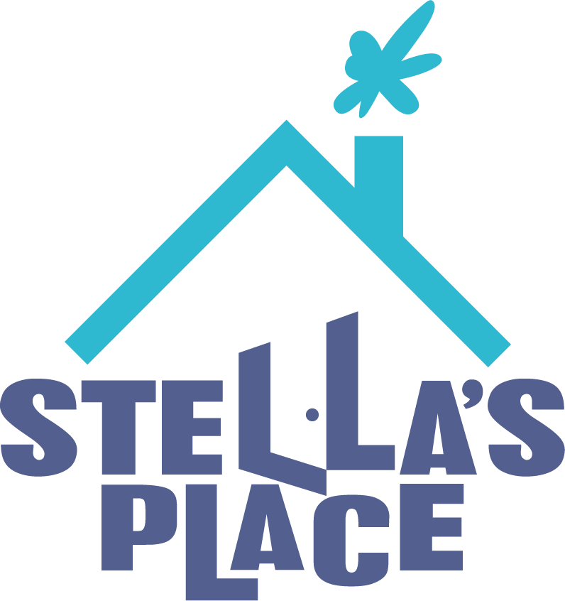 Stylized letters spelling Stella's Place with a drawing of a 2D roof with a chimney overhead
