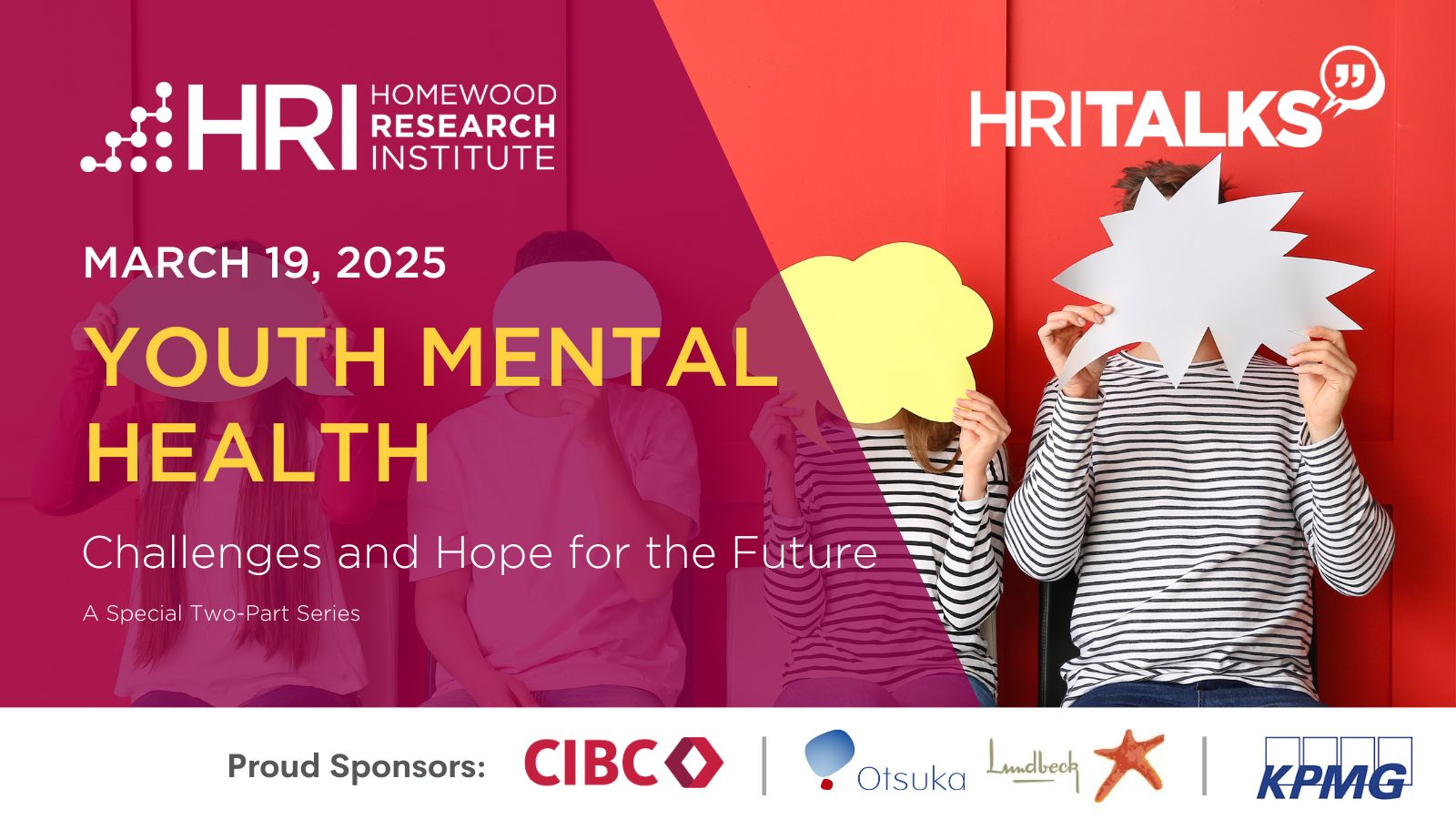 4 youth holding up conversation bubbles in front of their faces. HRI Talks logo and series title with sponsorship logos
