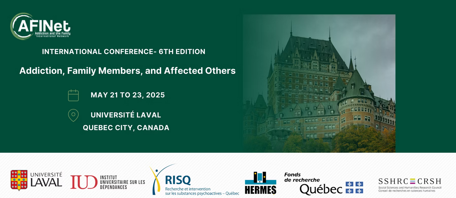 A promotional visual presenting AFINET's International conference — 6th Edition about Addiction, Family Members, and Affected Others
