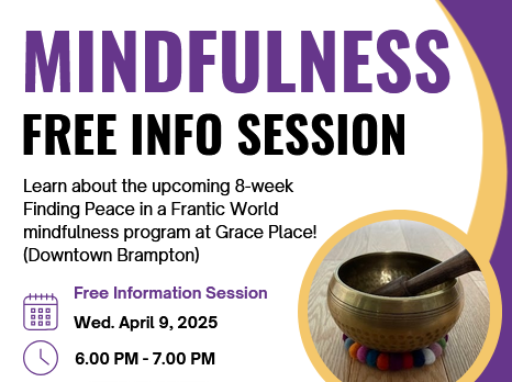 Image of poster with heading "Mindfulness free info session" and details about April 9th event. Picture of meditation bowl in bottom right corner