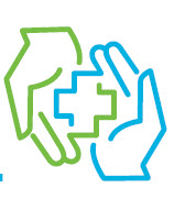 Green hand and Blue Hand holding a Plus Sign