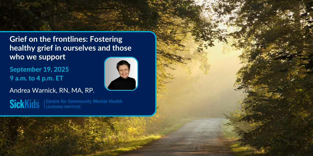 image of a road through a tunnel of trees with light at the end and text Grief on the frontlines: Fostering healthy grief in ourselves and those who we support
