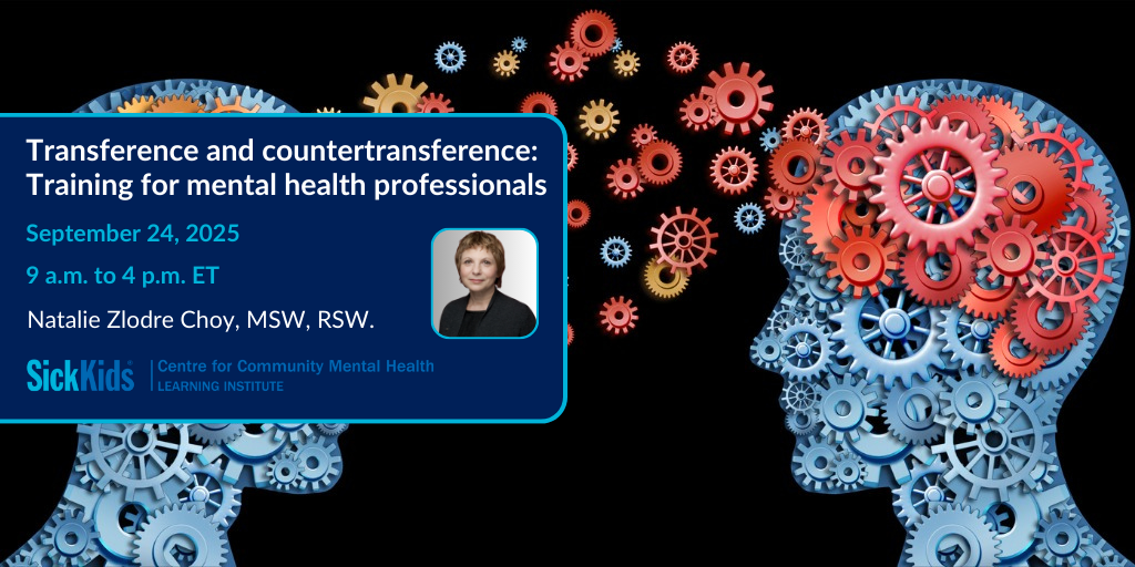 Image of two heads created with gears and gears moving between the two heads with text Transference and countertransference: Training for mental health professionals