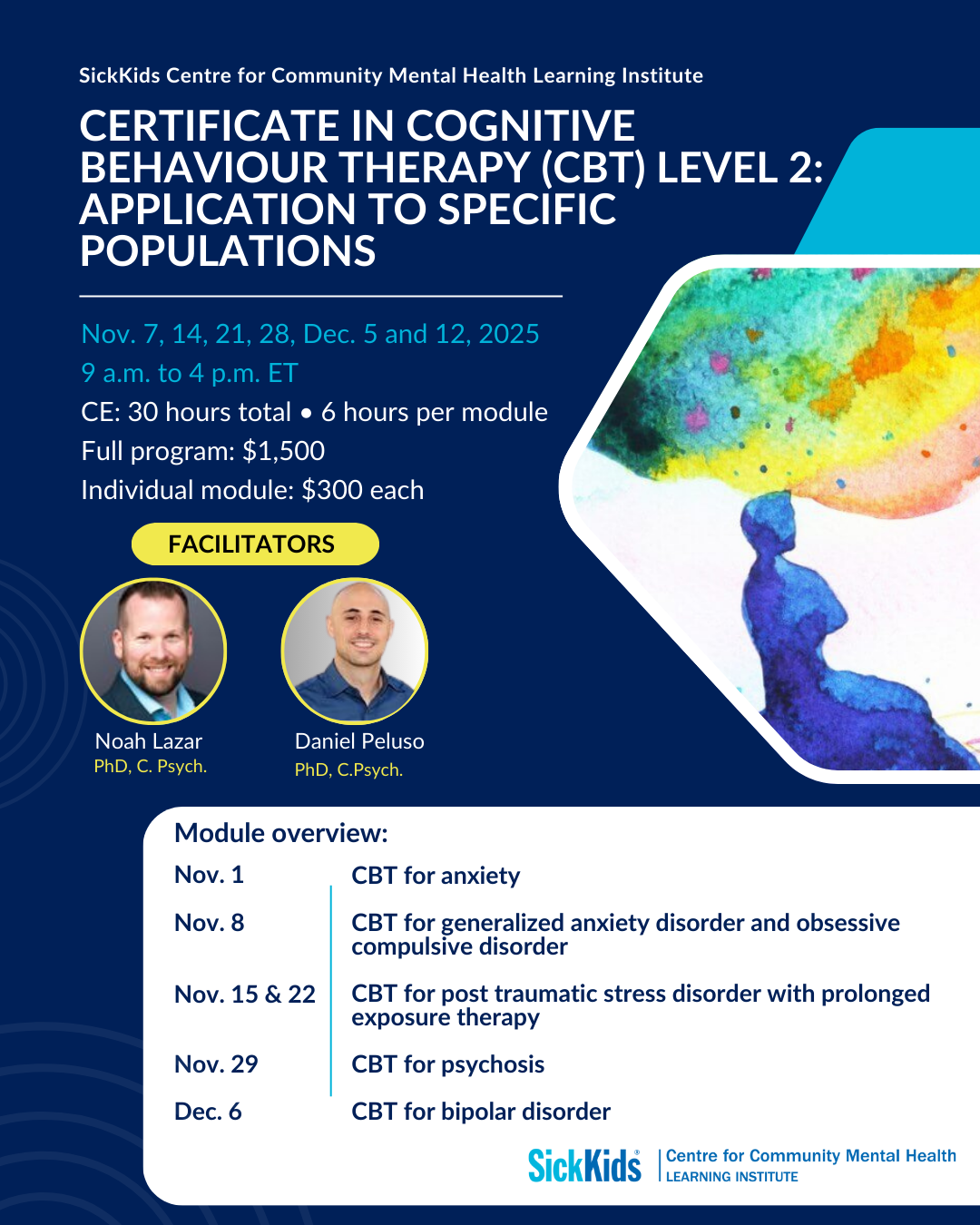 SickKids logo with text Certificate in cognitive behaviour therapy (CBT) Level 2: Application to specific populations