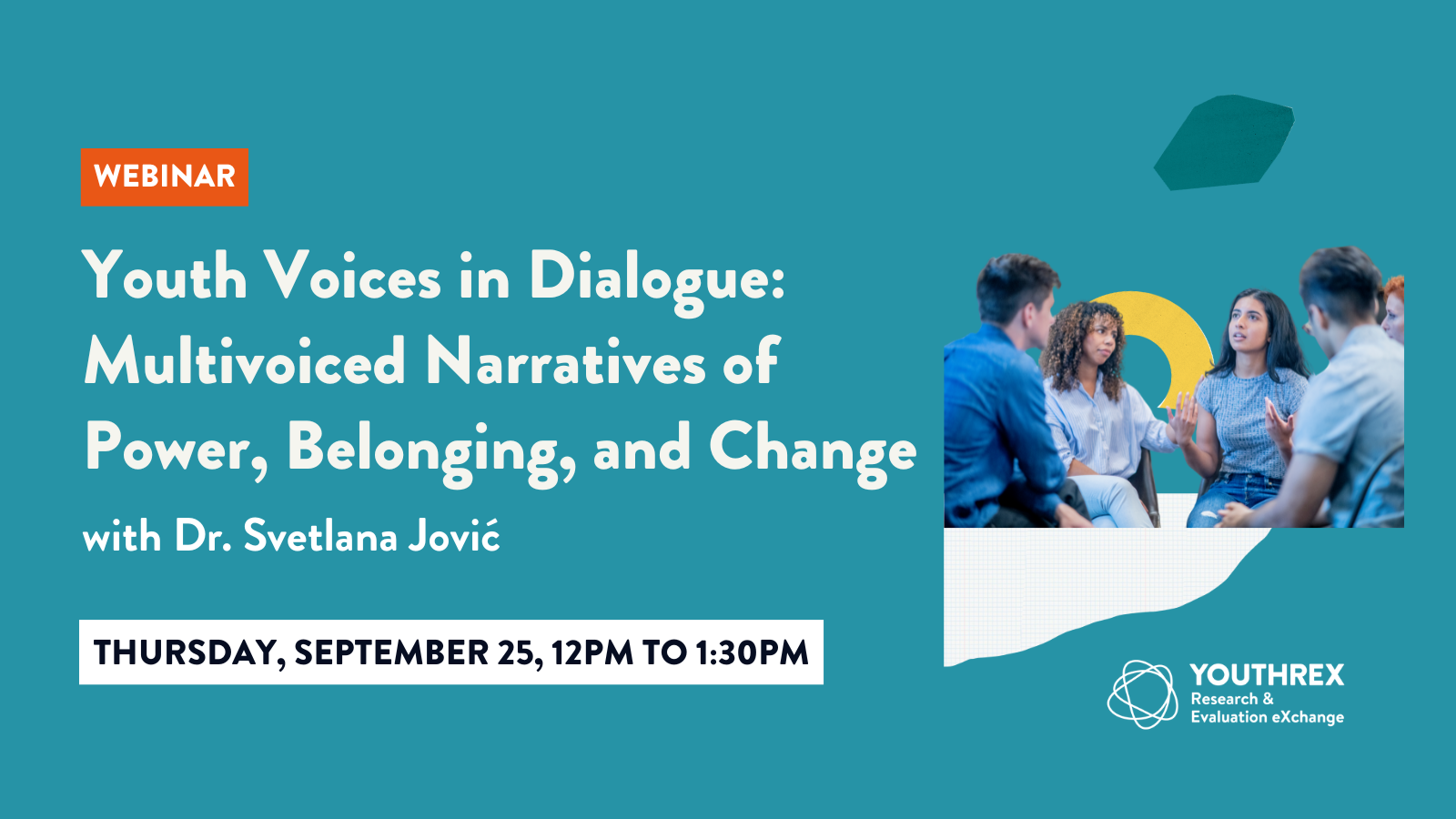 Event banner featuring the event name and date, with an image of four people sitting at a table in discussion