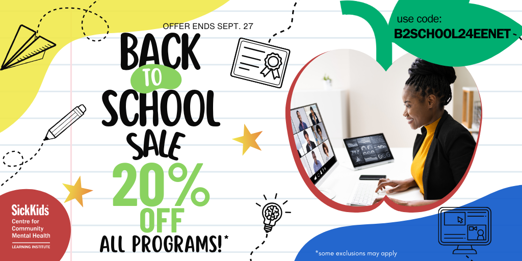 Back-to-school sale 20% off all programs with image of person on webinar