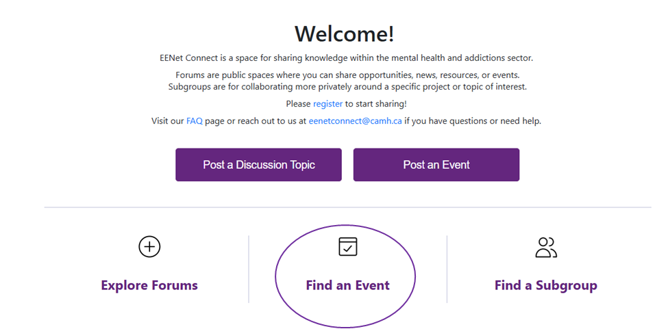 screen shot of the home page with Find an Event circled