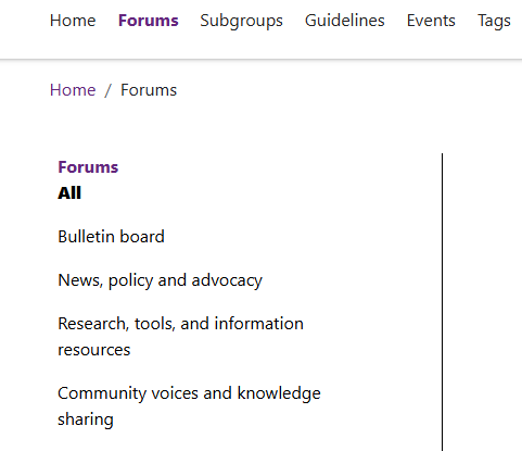 A screen shot of the Forums section of EENet Connect. The forums are listed from top to bottom: All; Bulletin board; News, policy and advocacy; Research, tools, and information resources; Community voices and knowledge sharing.