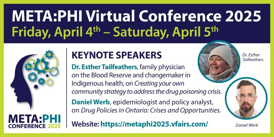 A digital promotional flyer for the META:PHI Virtual Conference 2025, taking place from Friday, April 4th to Saturday, April 5th. The flyer features a dark blue, teal, light green, and white colour scheme with a stylized profile silhouette containing interconnected gears and molecules on the left side. The conference title is in bold white and light green text on a dark blue background. The text description is provided below the image.