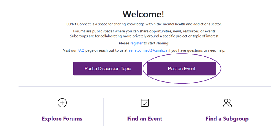 screen shot of the home page with Post an Event circled