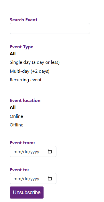 Screen shot of left side menu of EENet Connects events page, with filters for event duration, location, date range, and an option to search by keyword.