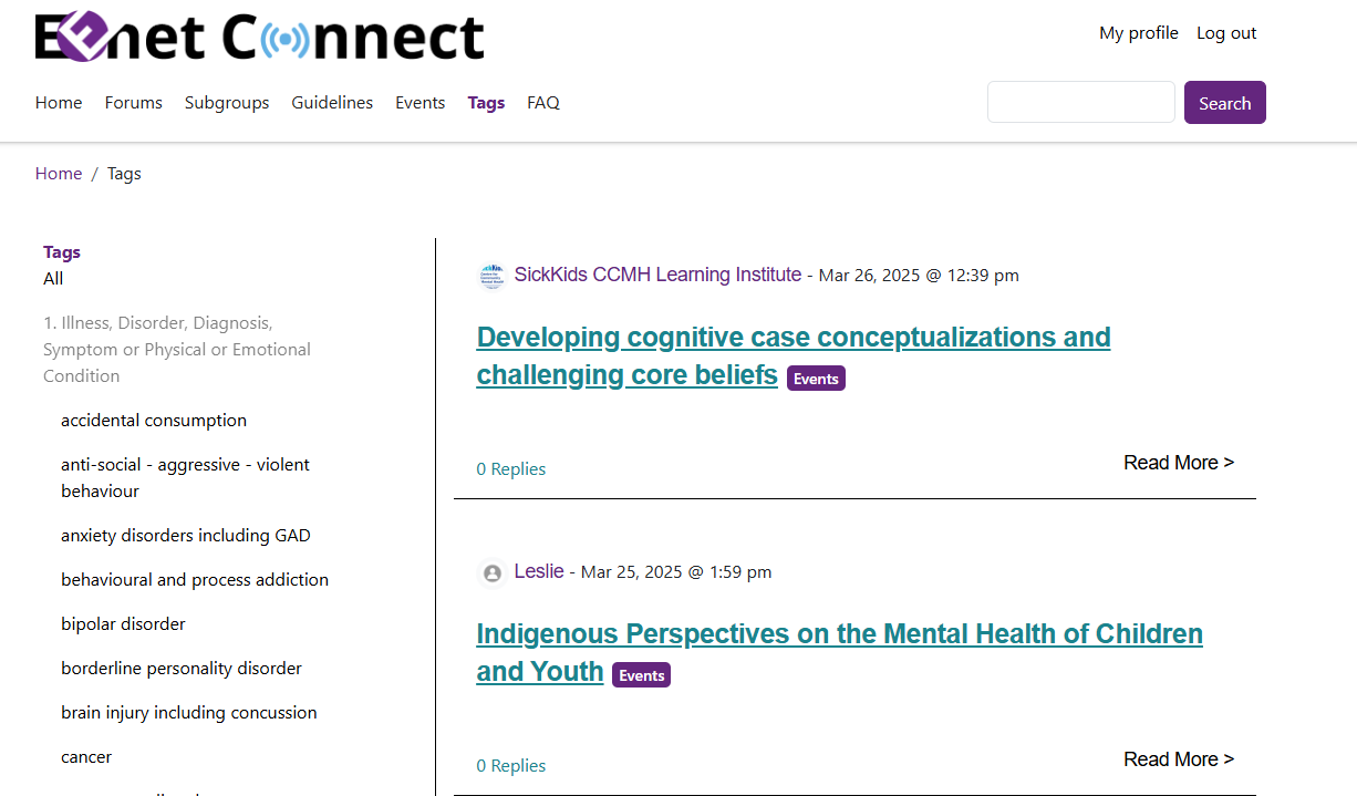 Screenshot of EENet Connects tags page, with tags on the left hand side of the screen and relevant posts for a selected tag on the right hand side.