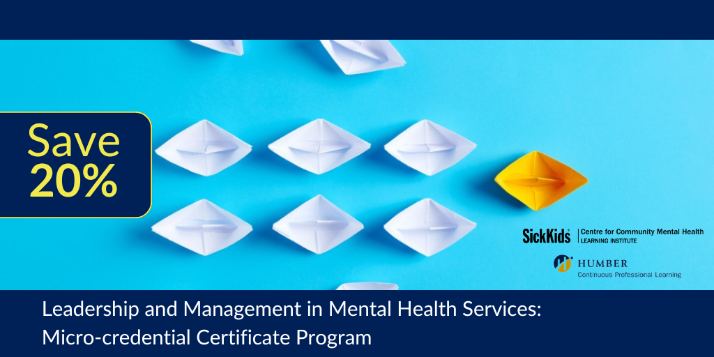 background image of paper boats following a leaders with text: Leadership and management in mental health services: Micro-credential certificate program Save 20% 